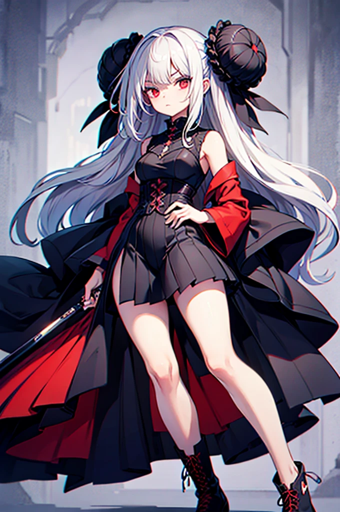 Girl, 20 years old, with long white hair down to below her waist, a serious yet tender expression, and red eyes. Her hair features black streaks. She wears antique-style clothing, a long black dress with a slit on the legs, and high black boots that almost reach her knees. Her power and background are related to shadows and darkness. dark escense, figth stance