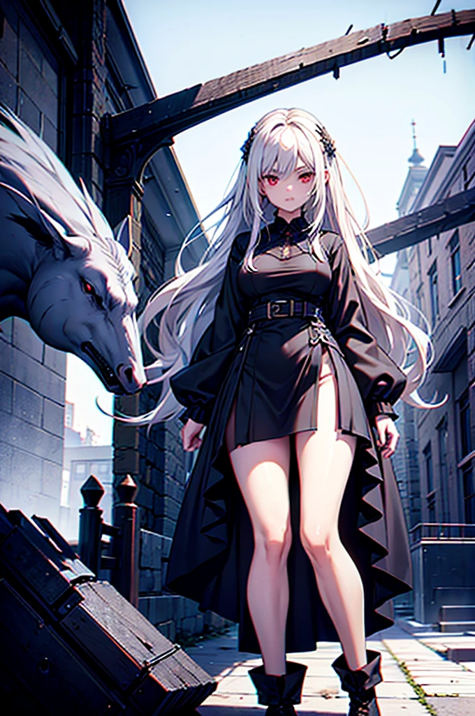 Girl, 20 years old, with long white hair down to below her waist, a serious yet tender expression, and red eyes. Her hair features black streaks. She wears antique-style clothing, a long black dress with a slit on the legs, and high black boots that almost reach her knees. Her power and background are related to shadows and darkness. dark escense, figth stance