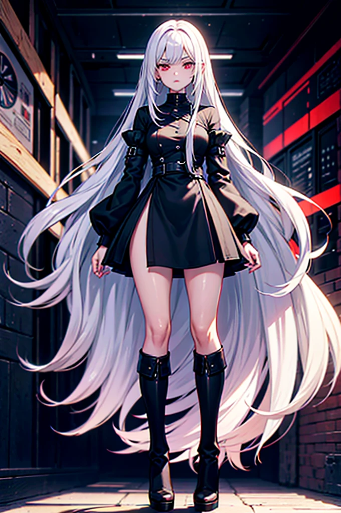 Girl, 20 years old, with long white hair down to below her waist, a serious yet tender expression, and red eyes. Her hair features black streaks. She wears antique-style clothing, a long black dress with a slit on the legs, and high black boots that almost reach her knees. Her power and background are related to shadows and darkness. dark escense, figth stance