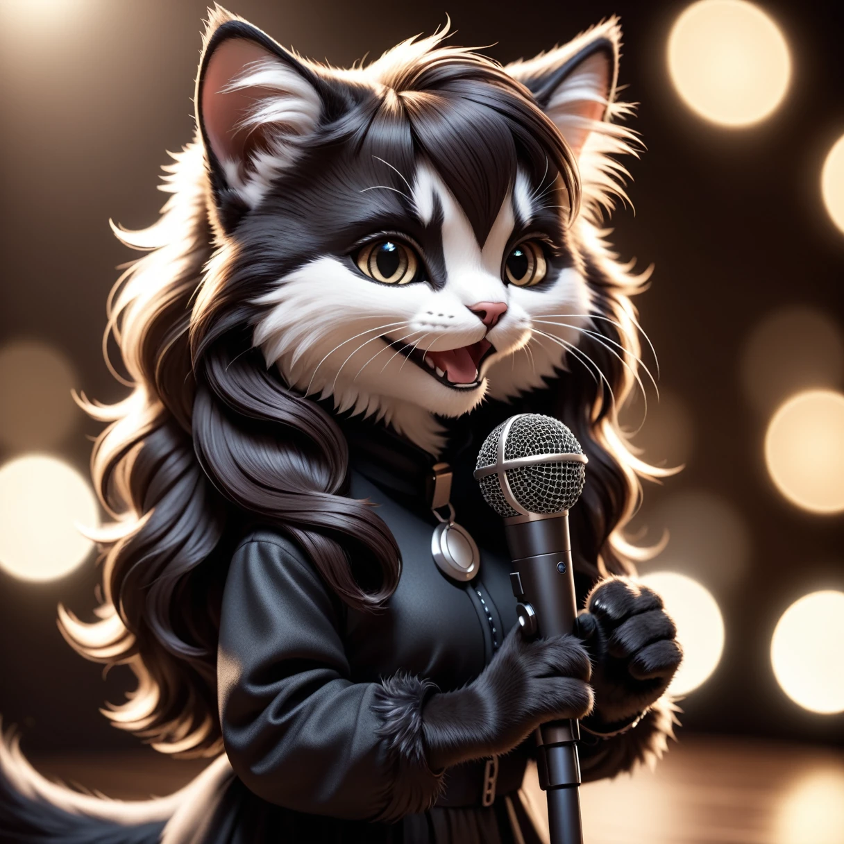 ute anthropomorphic kitten fluffy cartoon with very long hair black with bangs, singing with microphone in hand . shallow depth of field, vignette, highly detailed, high budget, bokeh, cinemascope, moody, epic, gorgeous, film grain, grainy high quality photography, 3 point lighting, flash with softbox, 4k, Canon EOS R3, hdr, smooth, sharp focus, high resolution, award winning photo, 80mm, f2.8, bokeh