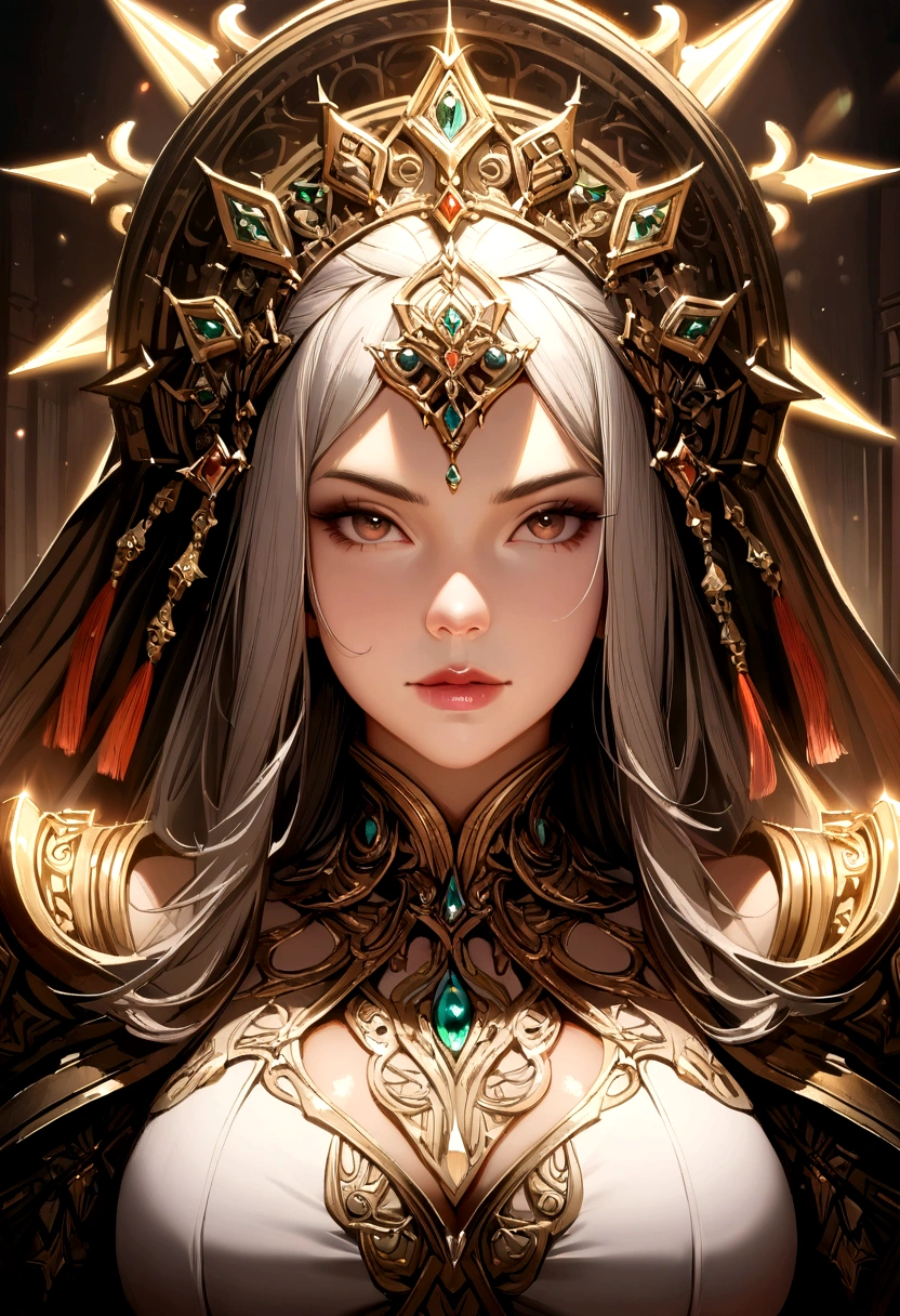 1woman, female_focus, realistic, beautiful detailed face, large breasts, perfect skin,
detailed skin texture, beautiful intricate clothes with elaborate decoration, cinematic lighting,
volume lighting, lens flare, bloom, masterpiece, best quality, ultra detailed, 8k,
intricate details, portrait