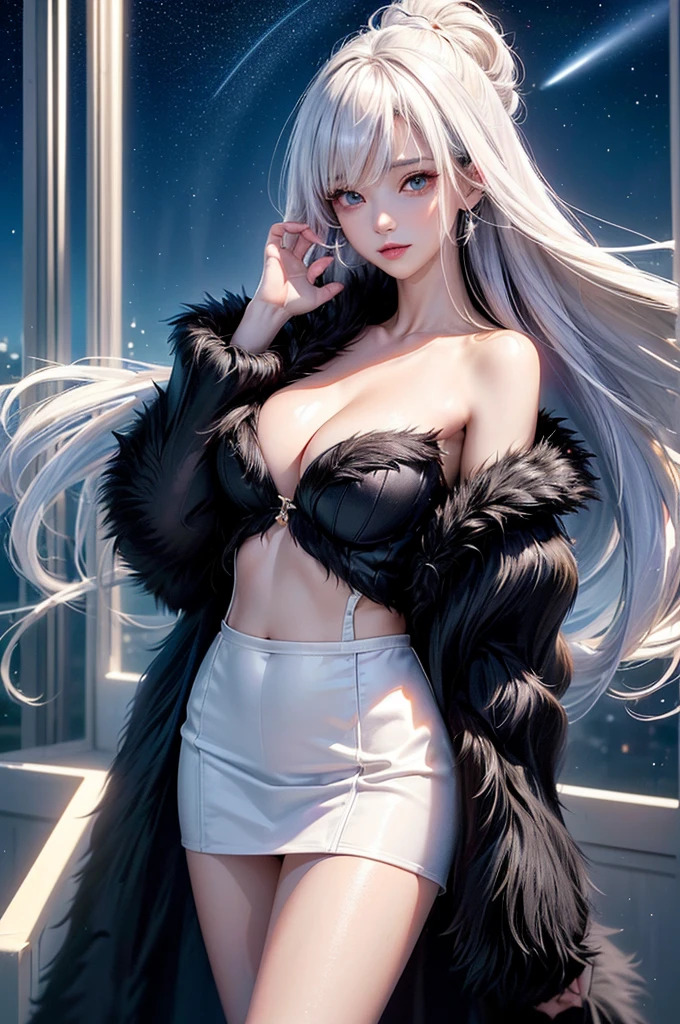 ((masterpiece:1.5、8K、Tabletop、フォトリアリスティックでVery detailedなCG、Very detailed、Particle Effects、Dynamic Effects、Shallow depth of field、Cinematic Light、Lens flare、Ray Tracing、Tabletop、Realistic:1.4、Ultra-high resolution:1.2、Realistic、Realistic))((alone、,A woman wearing a black fur coat over an off-the-shoulder sweater:1.4、Elegant and sexy woman、Detailed face、bright表情、young, bright, Whiter skin、medium breasts、Beautiful cleavage、Best Looks、Asian、Ultimate beauty、bright and shiny hair,、Super long, Silky straight hair、Hair dancing in the wind))(spectacular night sky、White Nights、Fantastic starry sky)((White hair with shiny highlights))