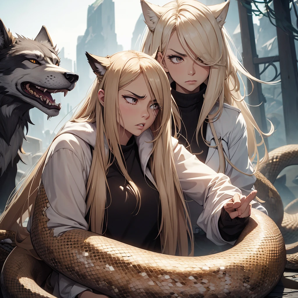 light haired woman confused frustrated, rasing one eye brow at a Wolf headed Snake creature talking g nonsense