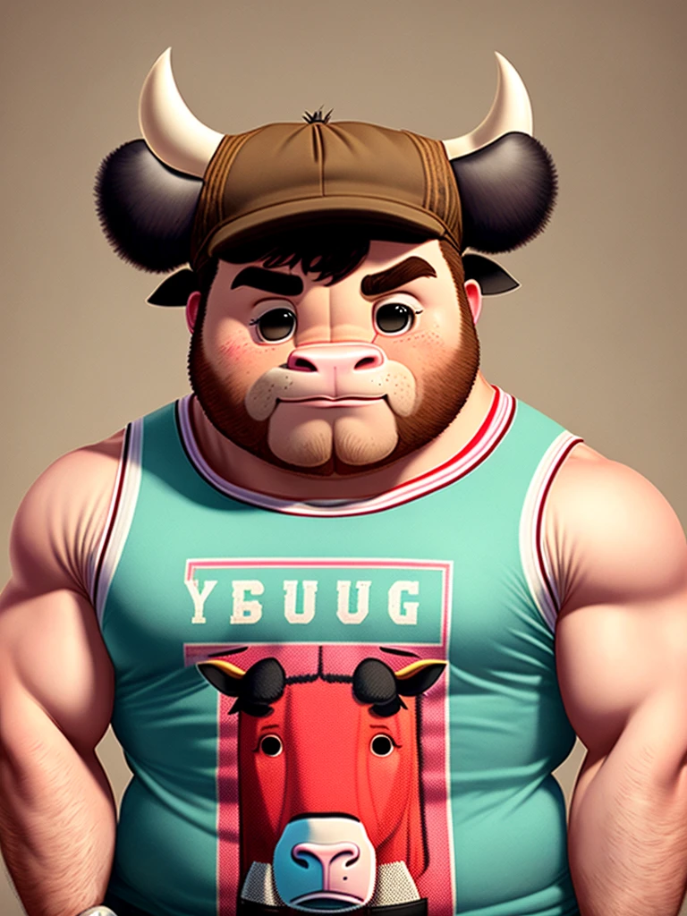 The burly cow wears a singlet t-shirt that says "YOUNG BUTCHER"