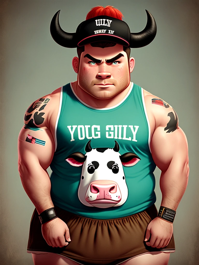 The burly cow wears a singlet t-shirt that says "YOUNG BUTCHER"