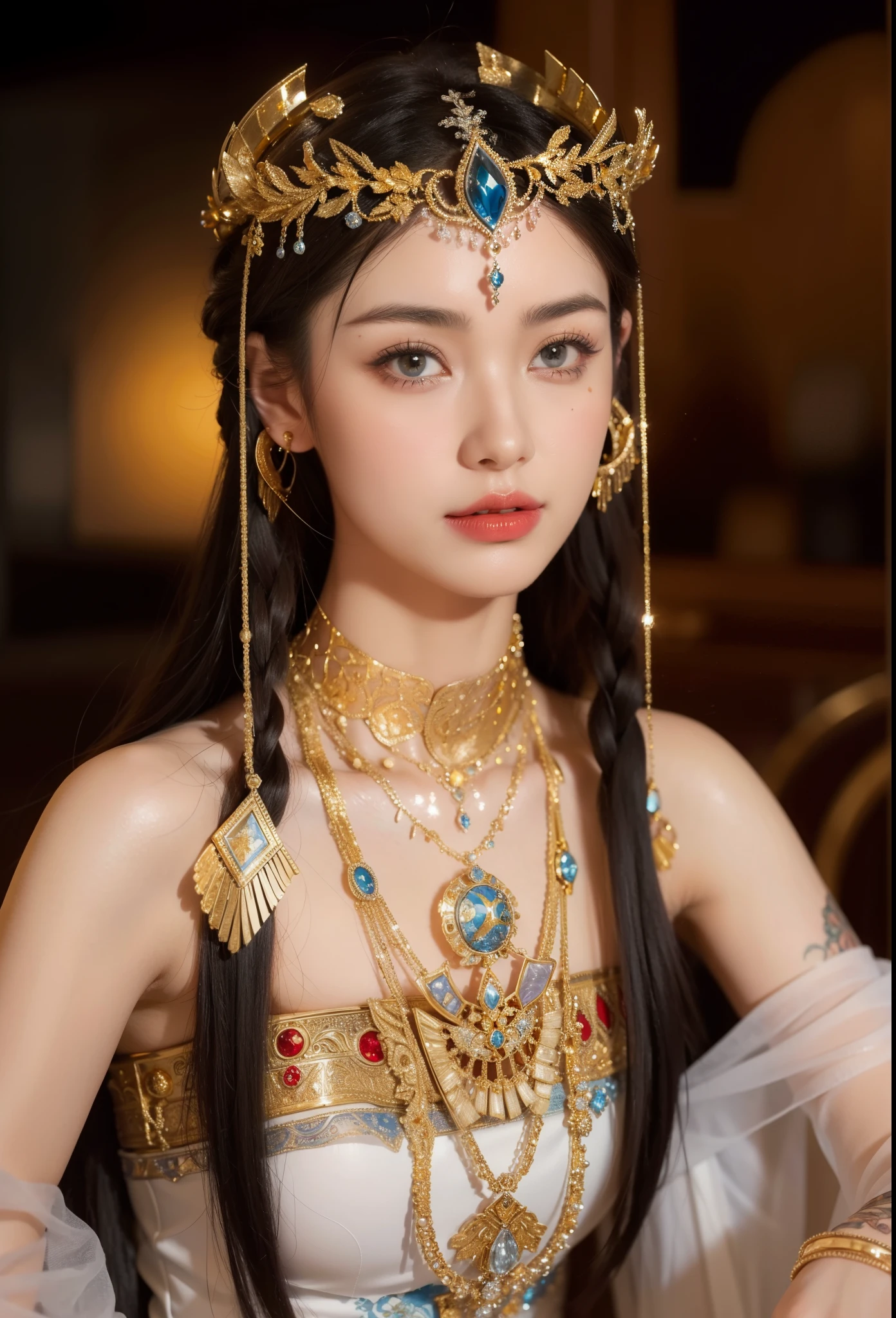 Realistic style,8k quality,Very detailed, Delicate face, Realistic style的照片, Stock Photography , Colorful, Surreal, Realistic textures, Dramatic Lighting, Distiller 800 (8K, original photo, Better quality, masterpiece: 1.2), Very detailed, (Extremely delicate skin: 1.2), 8K Ultra HD, SLR camera, Soft Light, high quality, Frozen queen, Queen, Snow Castle,Blue pupils,Wear red lipstick,Very delicate tattoo design,Cleopatra,Gold Jewelry