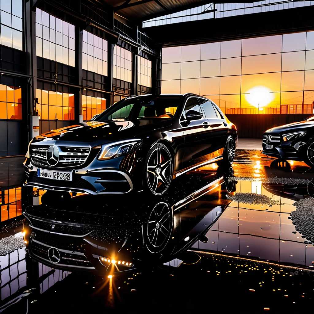 A luxurious black Mercedes car inside a warehouse, the floor of which is filled with candles at sunset, and sunlight enters and its light is reflected on a car, a wet floor, and a luxurious glass warehouse.