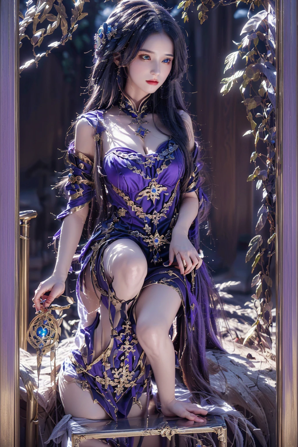 a woman, purple hair, wearing a purple dress, game cg, artgerm ; realistic engine, stunning character art, 2. 5 d cgi anime fantasy artwork, hyperdetailed fantasy character, inspired by TianQiong, epic exquisite character art, smooth anime cg art, beautiful character painting, beautiful digital artwork, Looking at the viewer, sitting, garden background, (masterpiece, best quality:1.9), perfect lighting, realistic character, 8k wallpaper, 