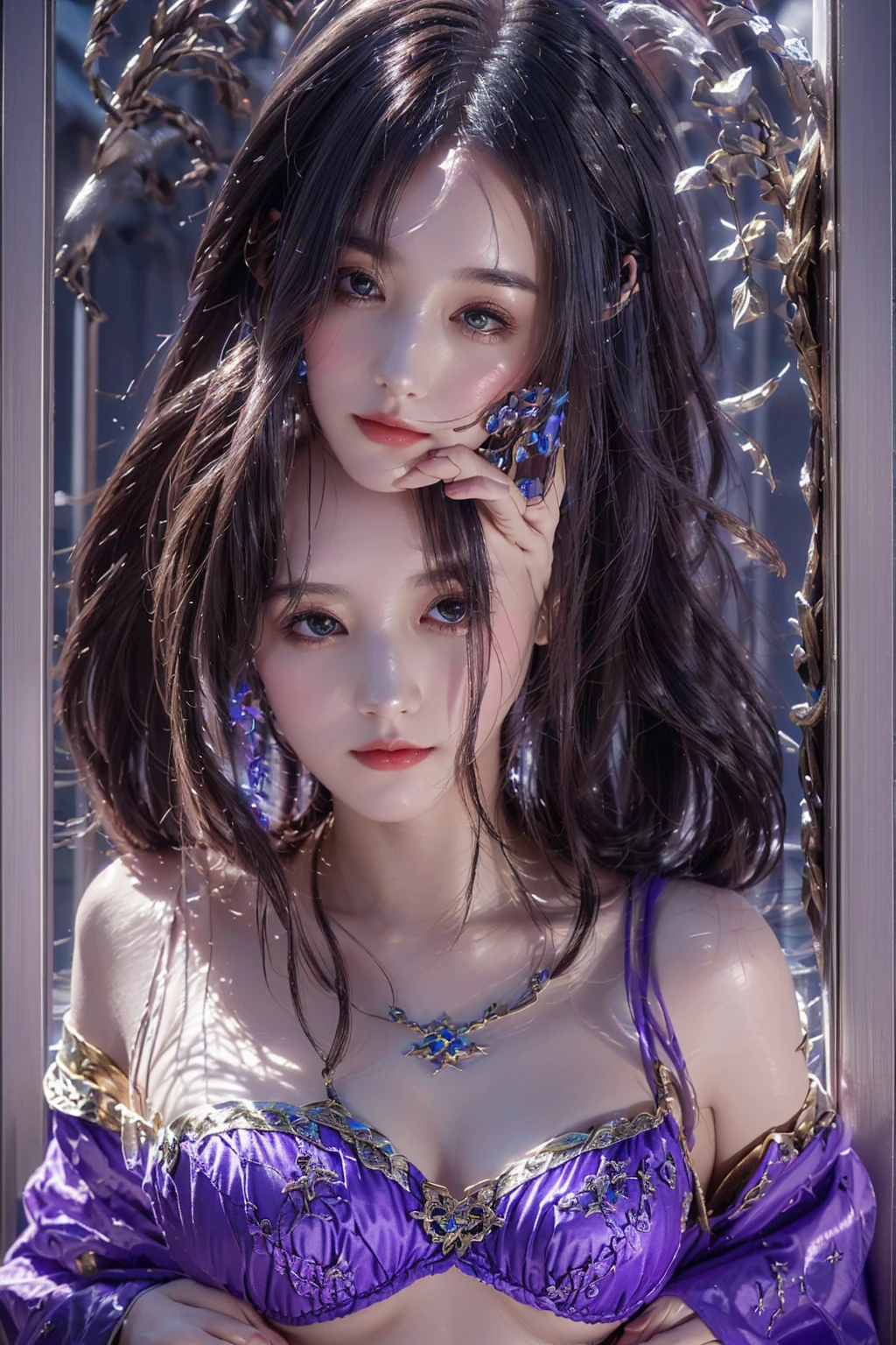 a woman in a purple dress holding a wand and a bird, beautiful celestial mage, black - haired mage, astral witch clothes, portrait of a female mage, full portrait of elementalist, dark witch character, [ tarot card ]!!!!!, female mage!, /!\ the sorceress, dark fantasy female magician, sky witch, female mage