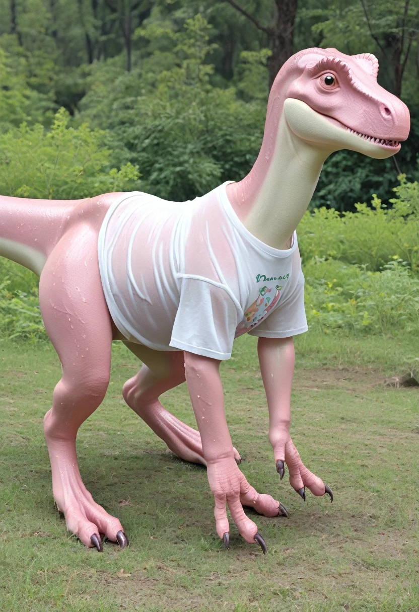 Cute pink dinosaur wearing a taut shirt,(No humans),E7E48U,Wet body,Background grassland