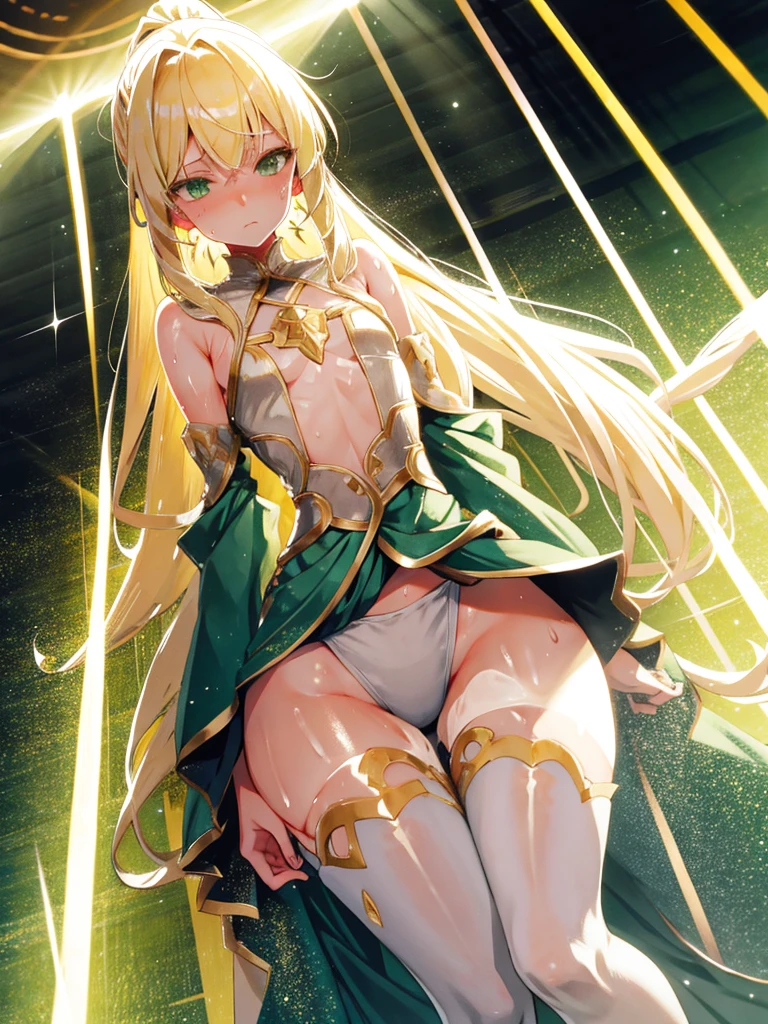 Flat chest, , full body, light rays, blonde hair, green eyes, low ponytail, parted bangs, (sweaty skin:1.2), grand hall, light particles, illustration, elegant clothes, absurd detail, HDR, huge ass, wide hips, long hair