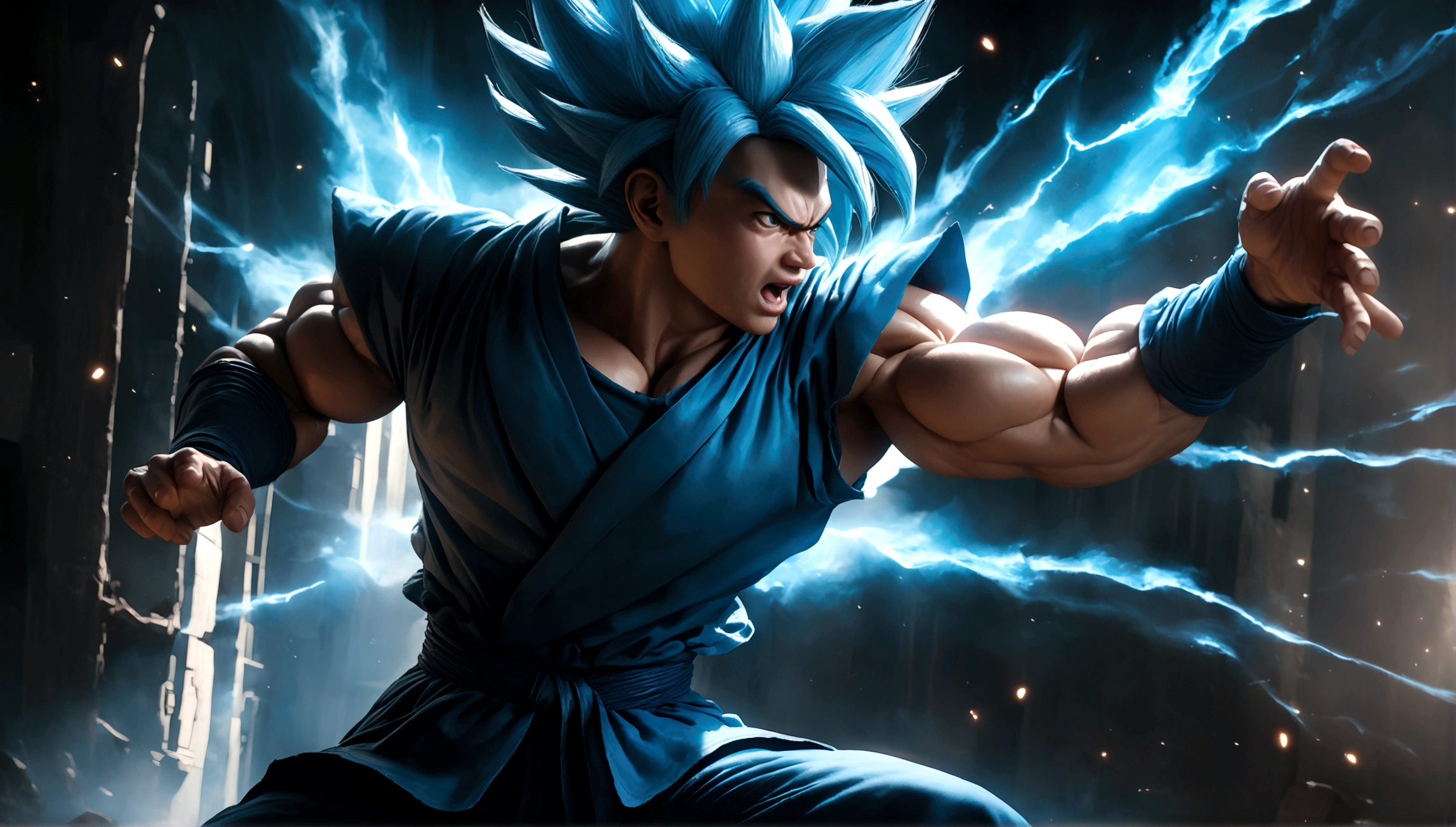 a highly detailed digital illustration of goku in super saiyan blue form, angry expression, muscular build, dynamic pose, glowing aura, dramatic lighting, cinematic composition, hyper realistic, 8k, photo-realistic, masterpiece, cinematic lighting
