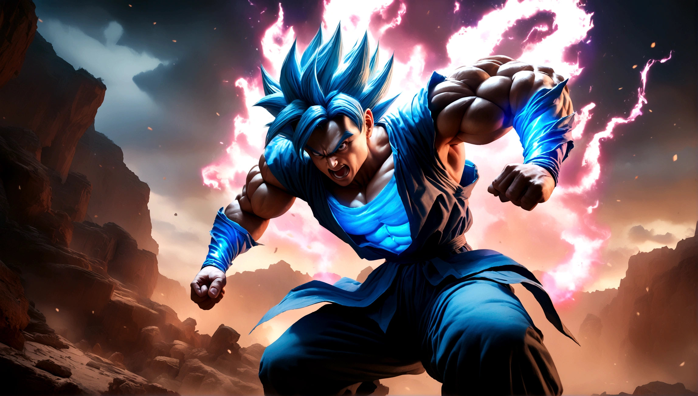 a highly detailed digital illustration of goku in super saiyan blue form, angry expression, muscular build, dynamic pose, glowing aura, dramatic lighting, cinematic composition, hyper realistic, 8k, photo-realistic, masterpiece, cinematic lighting