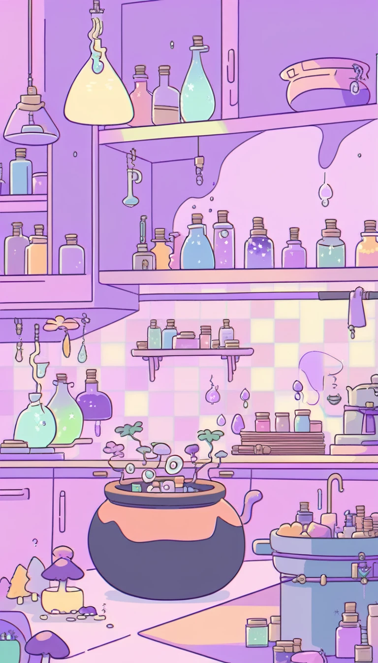 cute, witchy, kitchen, with bubbling cauldron, light colors, pastel colors, potions, books, magical mushrooms