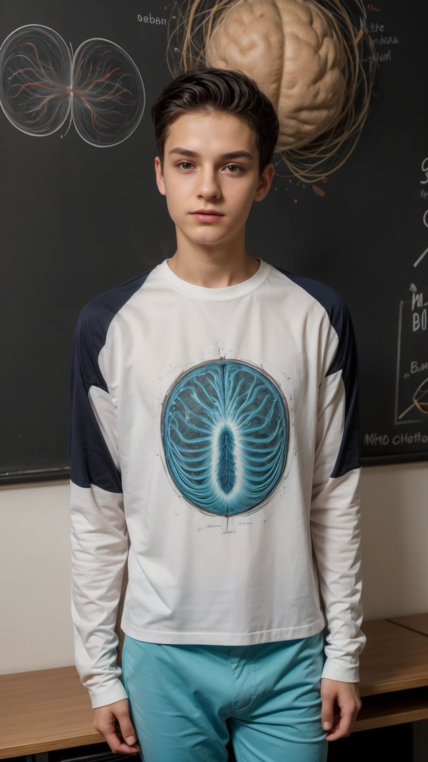 A beautiful young man, a cute male twink, with black hair, a face with reddish make-up, wearing a bright white long-sleeved shirt and aqua blue pants. He is in his office, and behind him is a blackboard on which is written the shape of the brain and its anatomy, and nuclear energy emerges from it.