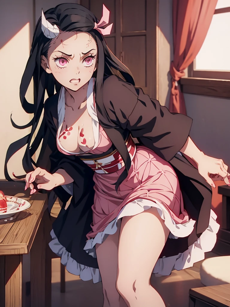 Nezuko, 1girl, as a maid, wearing a maid outfit, at a home, 8k, high detailed, high quality