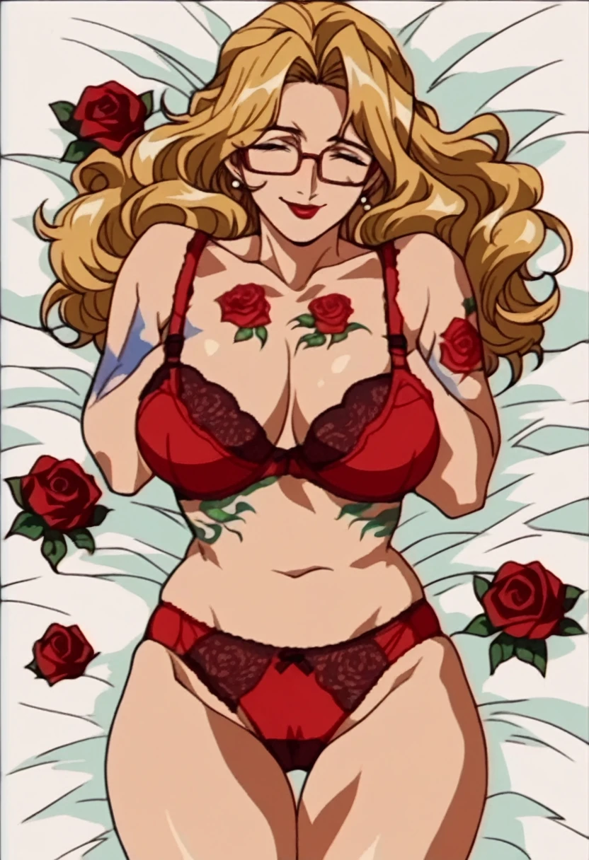 rating_explicit, beautyful mature woman, Shion Karanomori based, blonde wavy hair, encorped body, red glasses, red lipstick, smile, red bra, roses tattoo, red panties, sit in bed, milf