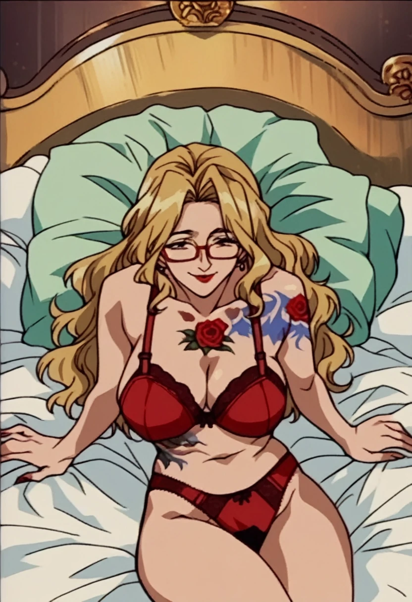 rating_explicit, beautyful mature woman, Shion Karanomori based, blonde wavy hair, encorped body, red glasses, red lipstick, smile, red bra, roses tattoo, red panties, sit in bed, milf