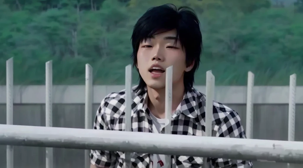 arafed asian boy with black hair and plaid shirt standing behind a fence, still from a music video, youtube video screenshot, jc park, screenshot from a movie, quy ho, music video, hsiao-ron, xiang duan, steven jung, jia, ben lo, inspired by Xia Yong, movie screencap, movie screen shot