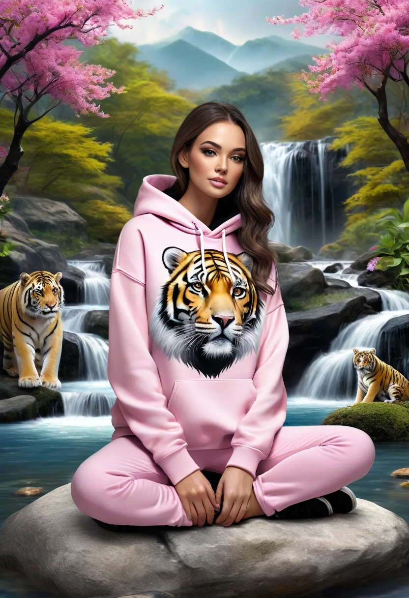 3D realistic image of a beautiful woman wearing a pink and black hoodie with a stylish gold and black image on it, sitting on a rock surrounded by a stream, beside the white and black thunder tiger that she was hugging sweetly, in the garden forest flowers with a waterfall in the background.