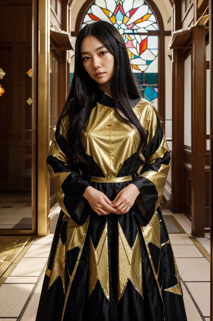 A Japanese woman, with long black hair, wore a soft dress with a shimmering glass finish, beautifully colored with abstract patterns, and decorated with bright gold stitching. Inside, in the palace courtyard, there is a large stained glass window in the background.
