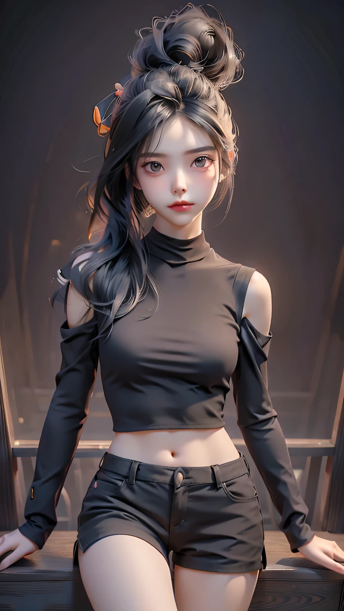 Best Quality, Masterpiece, High Resolution, 8K, (Realistic: 1.4), Ultra High Resolution, 1 Girl, Ultra Detailed, Surreal, Highly Detailed CG Illustration, Official Art, Cinematic Light, Reality, Young Beautiful Girl, Perfect Figure, Perfect Figure, Full View, Perfect Body, (Starting below: 1.3), Mask, Pose, Sexy Long Legs, Confident, Beautiful Sexy, Grey Short Sleeves, Open Abdomen, Black Super Shorts, S-shaped Body, Upturned Hips, Assuming, Posing, Different Perspectives