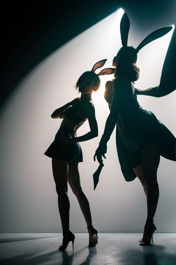 Silhouette of an Easter bunny, female silhouette with short hair, sensuality, full body dancing, chimera half rabbit and half woman, bunny ears, giant bunny feet, bunny tail, reddish light in the black background, hyper-realistic, perfect hands, fantasy, Christian and capitalist mythology