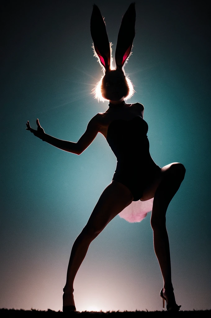 Silhouette of an Easter bunny, female silhouette with short hair, sensuality, full body dancing, chimera half rabbit and half woman, bunny ears, giant bunny feet, bunny tail, reddish light in the black background, hyper-realistic, perfect hands, fantasy, Christian and capitalist mythology