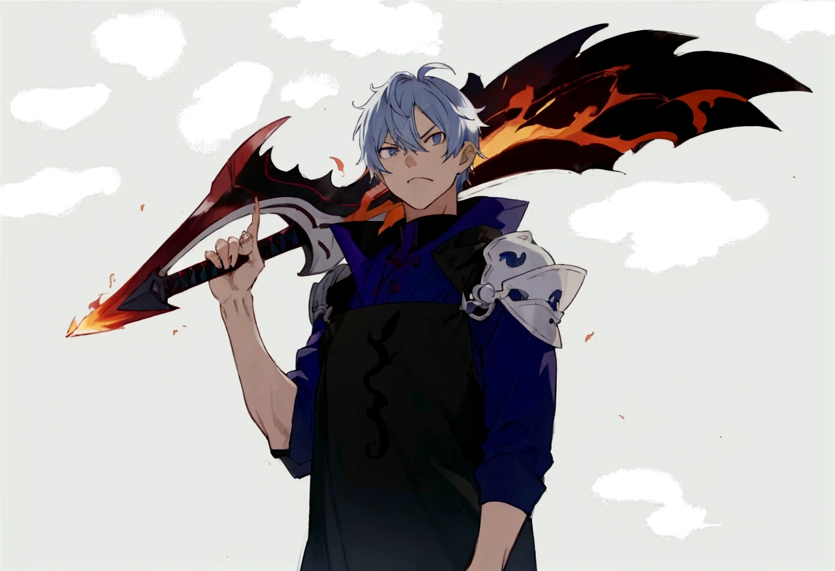 anime - style image of a man with a sword and a flame, 2d anime style, 2 d anime, by Shitao, with leviathan ax, shigenori soejima illustration, fire!! whole body, epic anime style, inspired by Kamisaka Sekka, by Kamisaka Sekka, zerochan art, he is very threatening and evil