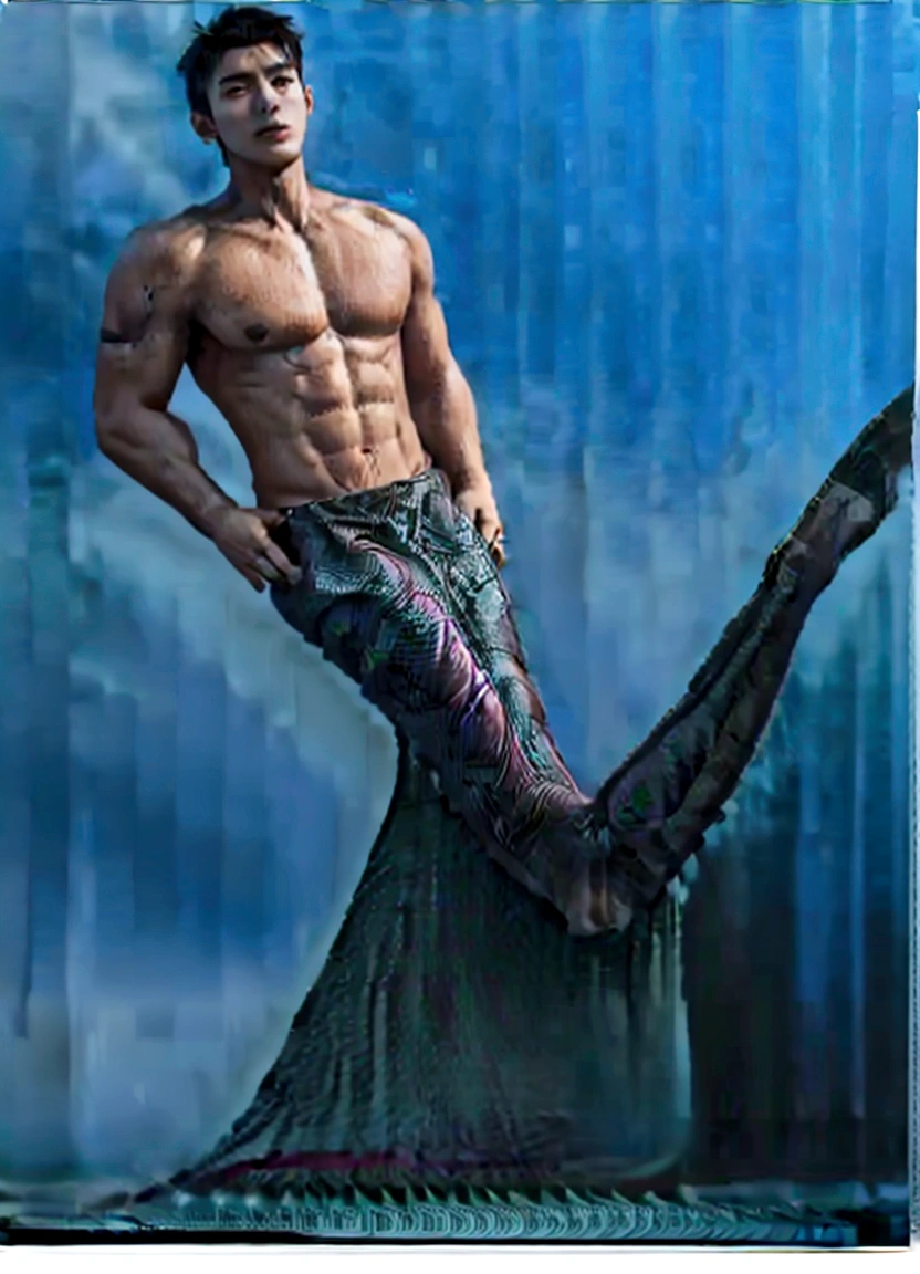there is a man that is standing on a mermaid tail, inspired by Adam Dario Keel, mermaid tail, handsome stunning realistic, shirtless :: high detail, mermaid, mermaid body, inspired by Ludovit Fulla, fish tail, by Adam Dario Keel, emma watson as a mermaid, emma watson as sea mermaid, dnd triton, ariana grande as a mermaid