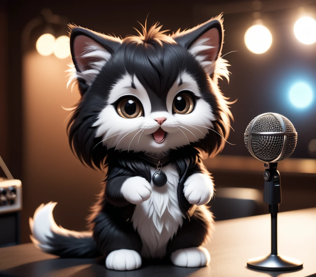 Cute anthropomorphic kitten fluffy cartoon with very long hair black with bangs,cover Ramones singing with microphone in hand . shallow depth of field, vignette, highly detailed, high budget, bokeh, cinemascope, moody, epic, gorgeous, film grain, grainy high quality photography, 3 point lighting, flash with softbox, 4k, Canon EOS R3, hdr, smooth, sharp focus, high resolution, award winning photo, 80mm, f2.8, bokeh