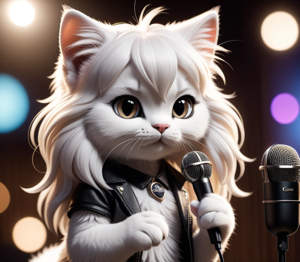 Cute anthropomorphic kitten fluffy cartoon with very long hair black with bangs,cover Ramones singing with microphone in hand . shallow depth of field, vignette, highly detailed, high budget, bokeh, cinemascope, moody, epic, gorgeous, film grain, grainy high quality photography, 3 point lighting, flash with softbox, 4k, Canon EOS R3, hdr, smooth, sharp focus, high resolution, award winning photo, 80mm, f2.8, bokeh