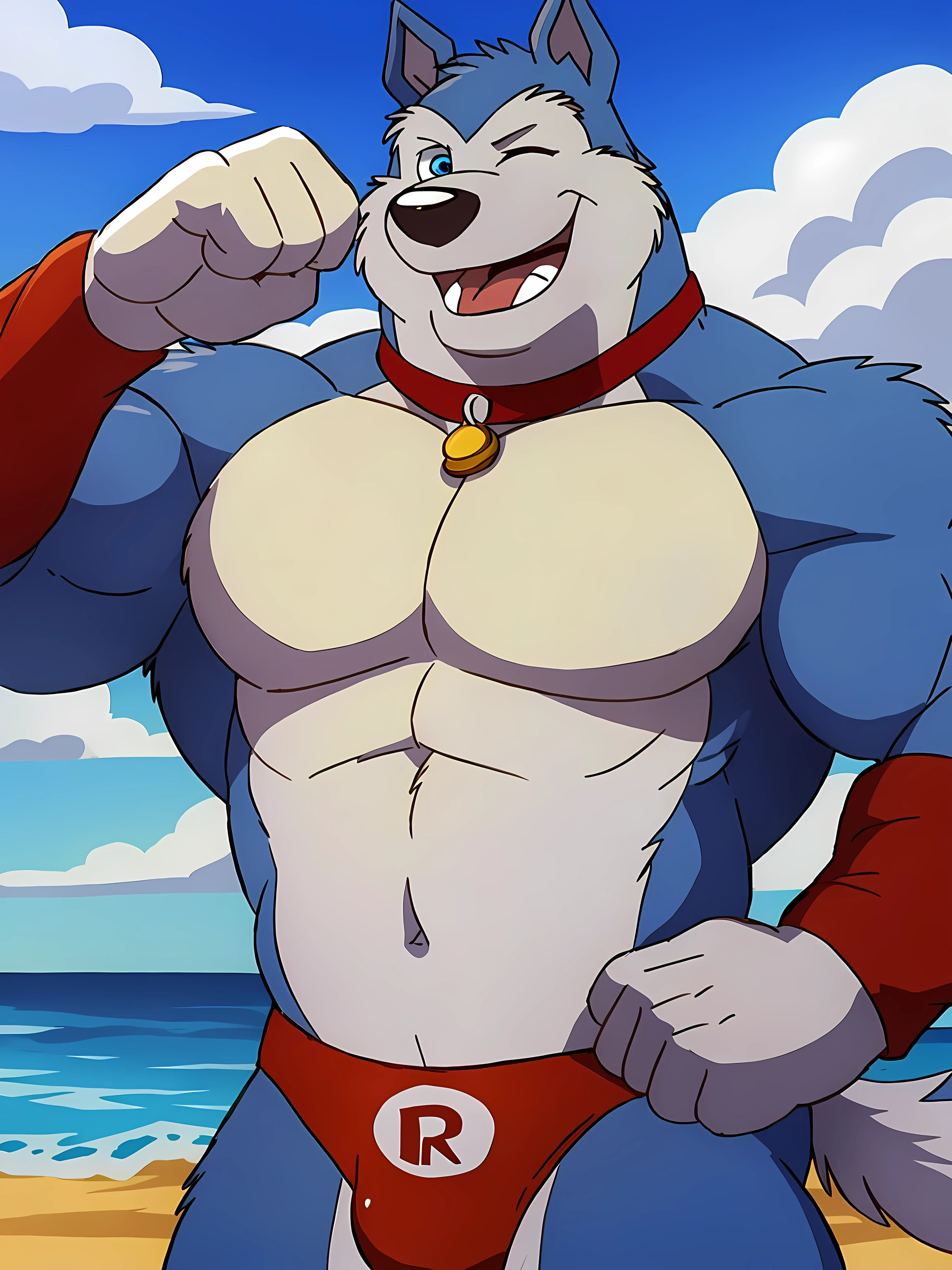 Exile (Road Rovers), male, blue fur, white fur, anthro, pointy ears, dog, solo, half body, muscular, pectorals, red dog collar, pet tag coin, smile, high quality, best resolution, cel shaded, (blue eyes, detailed eyes):1.1, shirtless, bare chest, beach background, looking at camera, by wfa, by rossciaco, by seibear, by fabfelipe, red speedos, posing, flexing muscles, eye closed, open mouth, happy