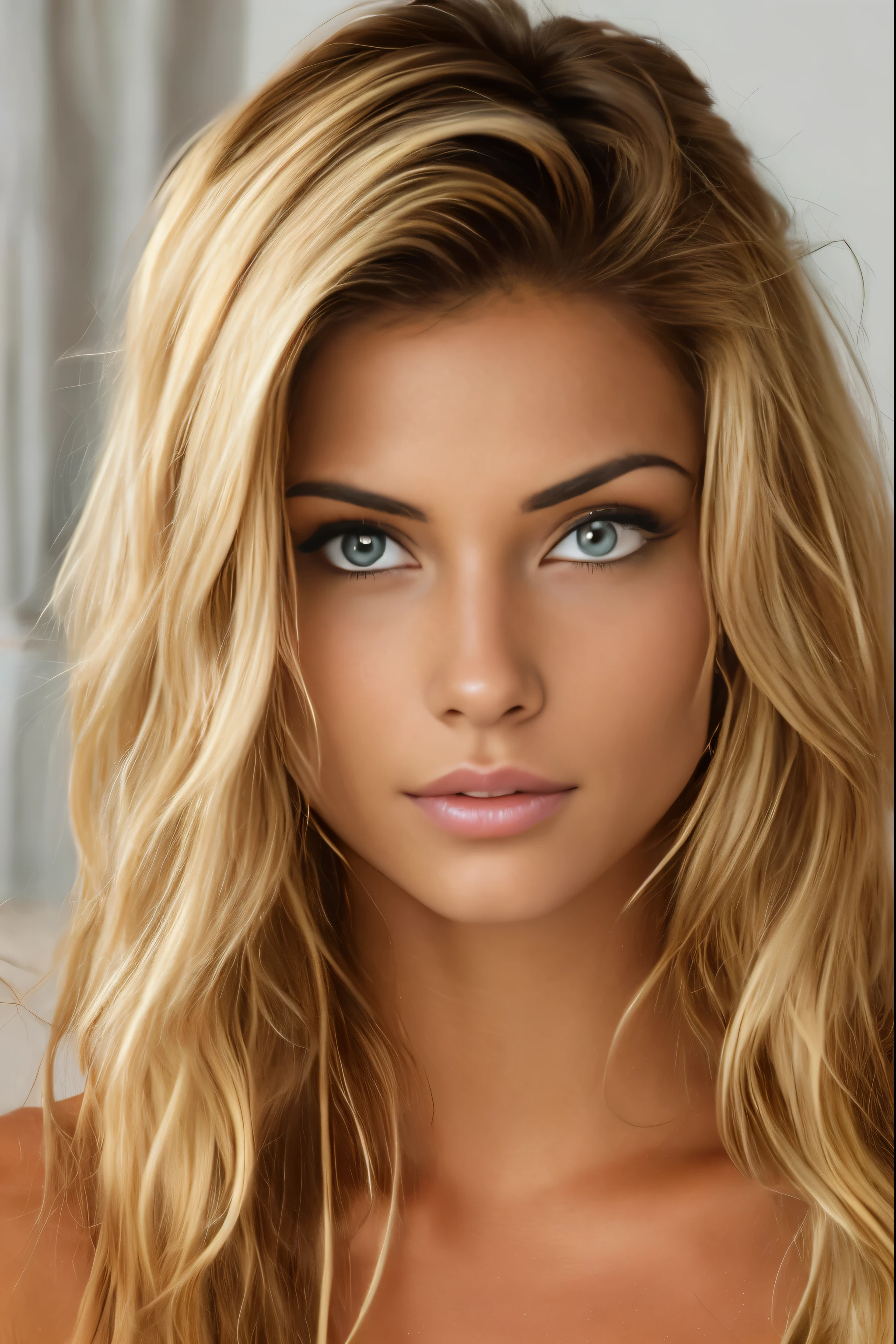 photo réaliste d'une femme latina spanich, posant devant la caméra, (seins normaux), Séance photo la tête droite avec les yeux fixant l'objectif, cheveux blonds, yeux verts, beau visage, anatomie parfaite, fille convenable, En regardant la caméra, corp parfait, femme de 25 ans, belles mains