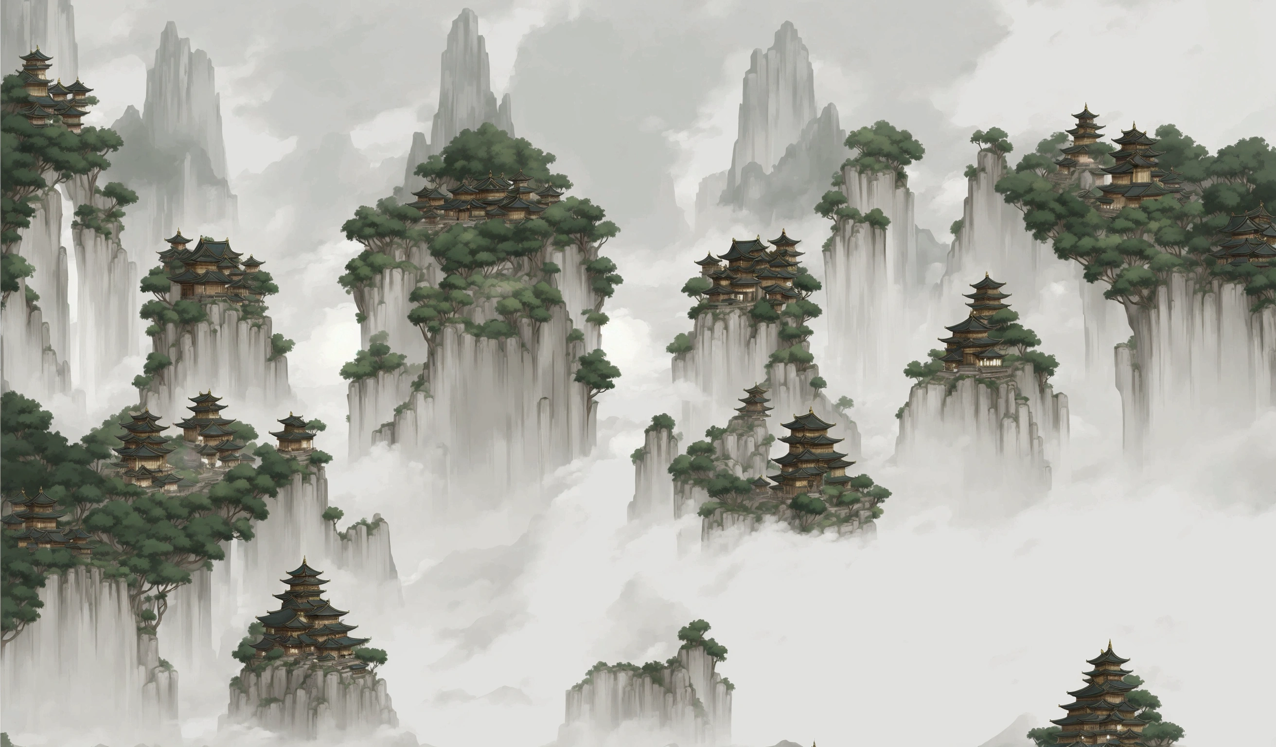 arafed image of a mountain with a pagoda and a waterfall, floating lands in-clouds, onmyoji detailed art, floating mountains, temple background, zen temple background, dojo on a mountain, anime scenery concept art, ancient city landscape, avatar landscape, background art, pagodas on hills, anime landscape, legend of korra setting