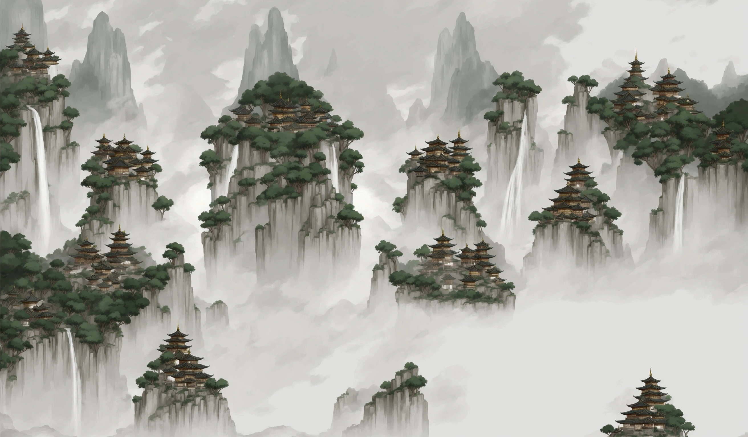 arafed image of a mountain with a pagoda and a waterfall, floating lands in-clouds, onmyoji detailed art, floating mountains, temple background, zen temple background, dojo on a mountain, anime scenery concept art, ancient city landscape, avatar landscape, background art, pagodas on hills, anime landscape, legend of korra setting