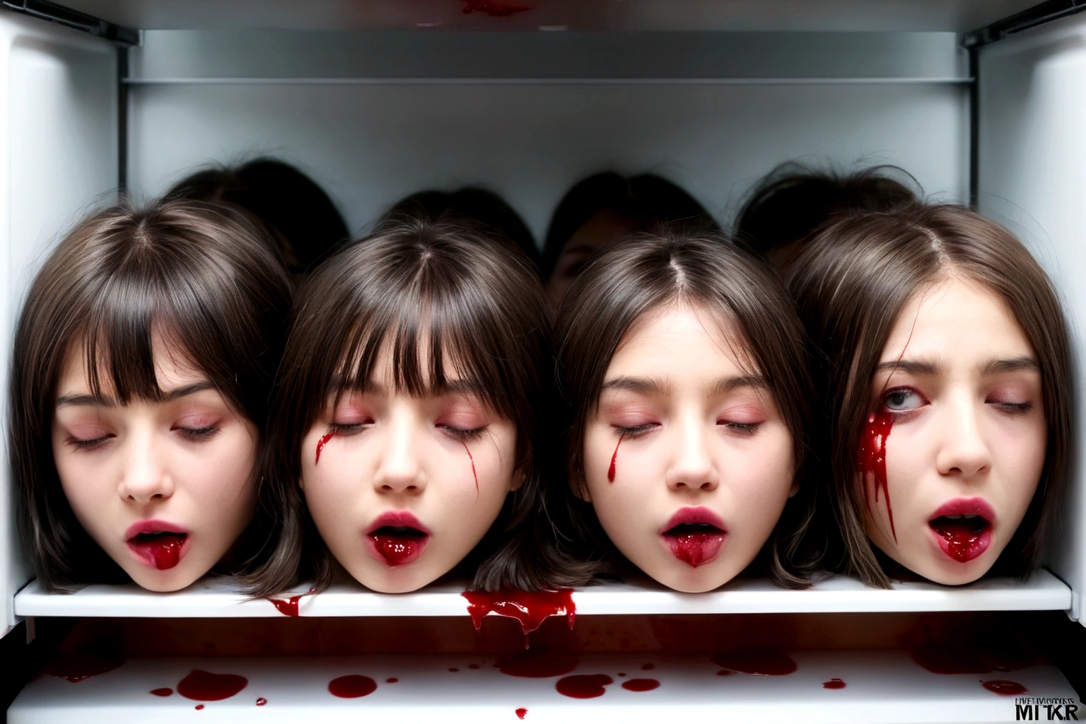 Several decapitated heads of beautiful young girl, in the fridge, full of blood, ((eyes closed)), bleeding, photorealistic, 4K, Nikon, tongue out, ahegao face,