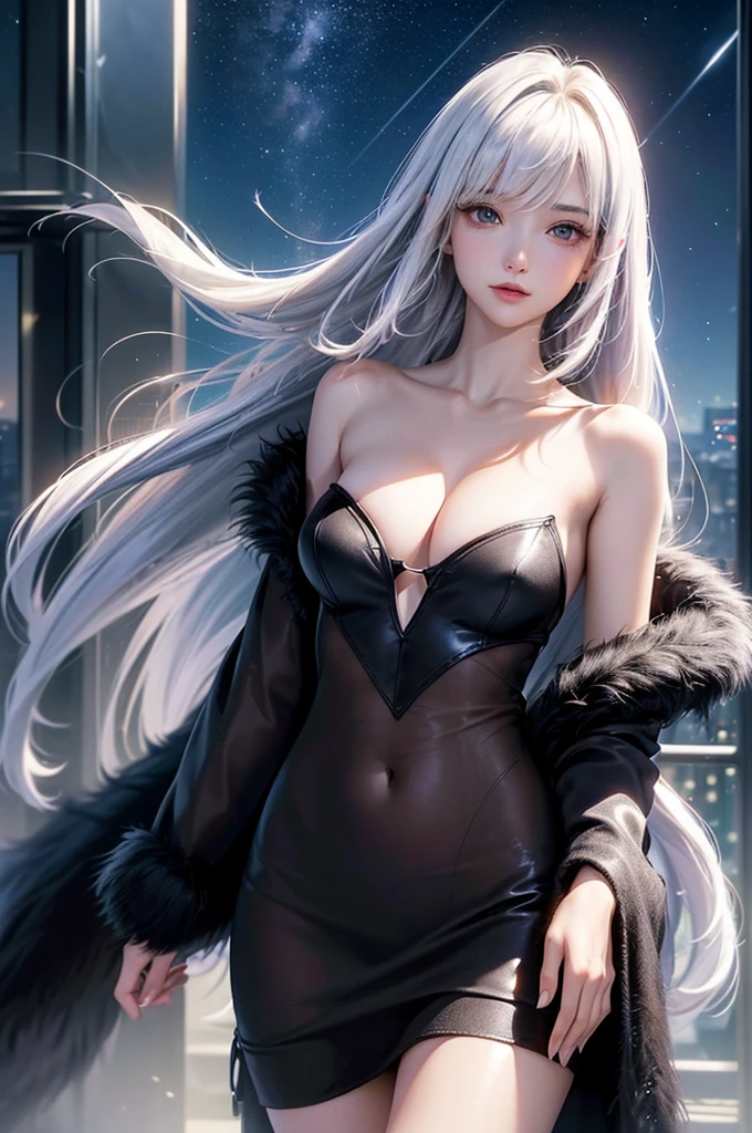 ((masterpiece:1.5、8K、Tabletop、フォトリアリスティックでVery detailedなCG、Very detailed、Particle Effects、Dynamic Effects、Shallow depth of field、Cinematic Light、Lens flare、Ray Tracing、Tabletop、Realistic:1.4、Ultra-high resolution:1.2、Realistic、Realistic))((alone、,A woman wearing a black fur coat over an off-the-shoulder sweater:1.4、Elegant and sexy woman、Detailed face、bright表情、young, bright, Whiter skin、medium breasts、Beautiful cleavage、Best Looks、Asian、Ultimate beauty、bright and shiny hair,、Super long, Silky straight hair、Hair dancing in the wind))(spectacular night sky、White Nights、Fantastic starry sky)((White hair with shiny highlights))