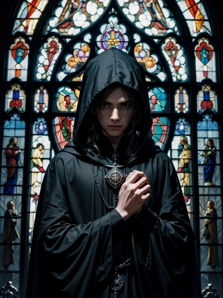 ((Highest quality)),Beautiful Faces,Gothic,Church window background,Outdoor,Black hood,Black Robe,Pentacles,beautiful young man,tears,sorrow,snow,dark facial