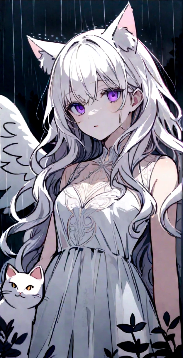 look at me,Face is close,Long Wavy Hair,White hair is very attractive, Detailed and precise manual work, Attractive girl, White cat ears,Purple eyes and white eyelashes,light in your eyes,Big angel wings,A subject that stands out against the dark night sky, White Dress, Hand-drawn illustration,pale,Transparency、rain,Surrounded by flowers,