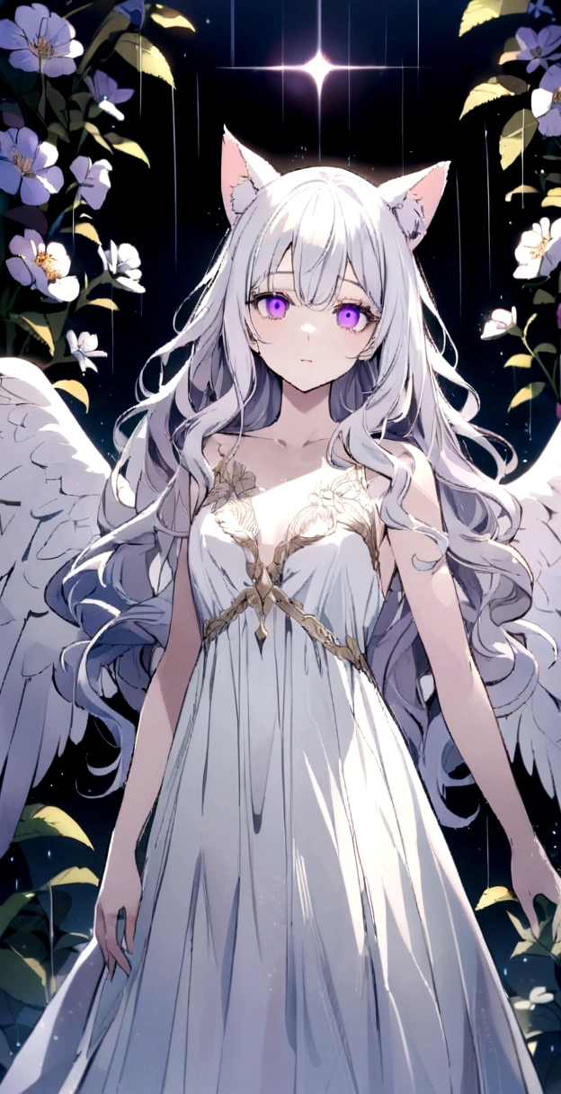 look at me,Face is close,Long Wavy Hair,White hair is very attractive, Detailed and precise manual work, Attractive girl, White cat ears,Purple eyes and white eyelashes,light in your eyes,Big angel wings,A subject that stands out against the dark night sky, White Dress, Hand-drawn illustration,pale,Transparency、rain,Surrounded by flowers,