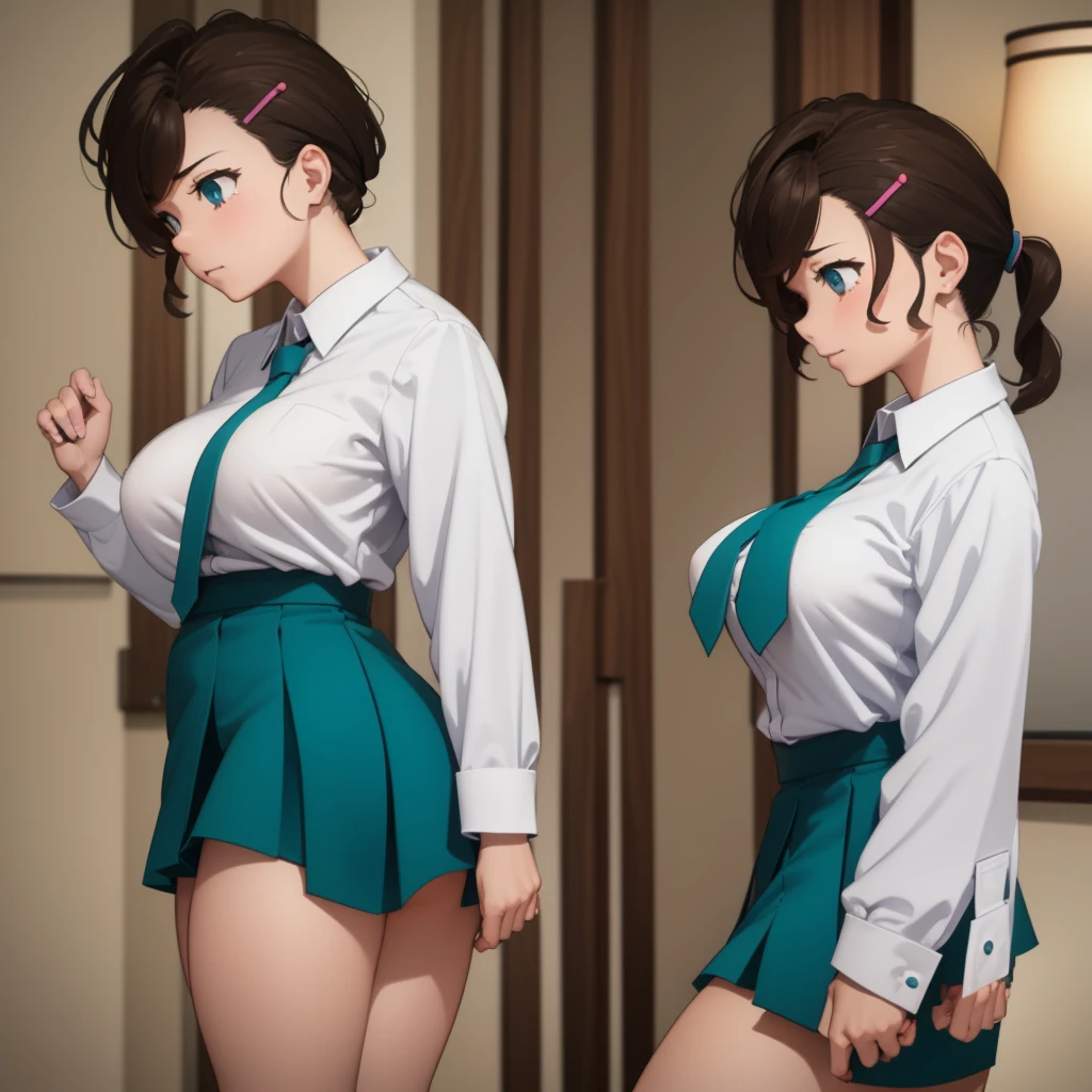 Mana Inuyama, One girl, White shirt, Teal Skirt, Tea tie, Cowboy Shot, ponytail, huge breasts huge butt