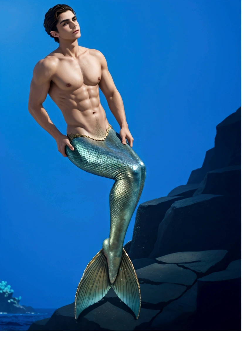 there is a man that is standing on a mermaid tail, inspired by Adam Dario Keel, mermaid tail, handsome stunning realistic, shirtless :: high detail, mermaid, mermaid body, inspired by Ludovit Fulla, fish tail, by Adam Dario Keel, emma watson as a mermaid, emma watson as sea mermaid, dnd triton, ariana grande as a mermaid