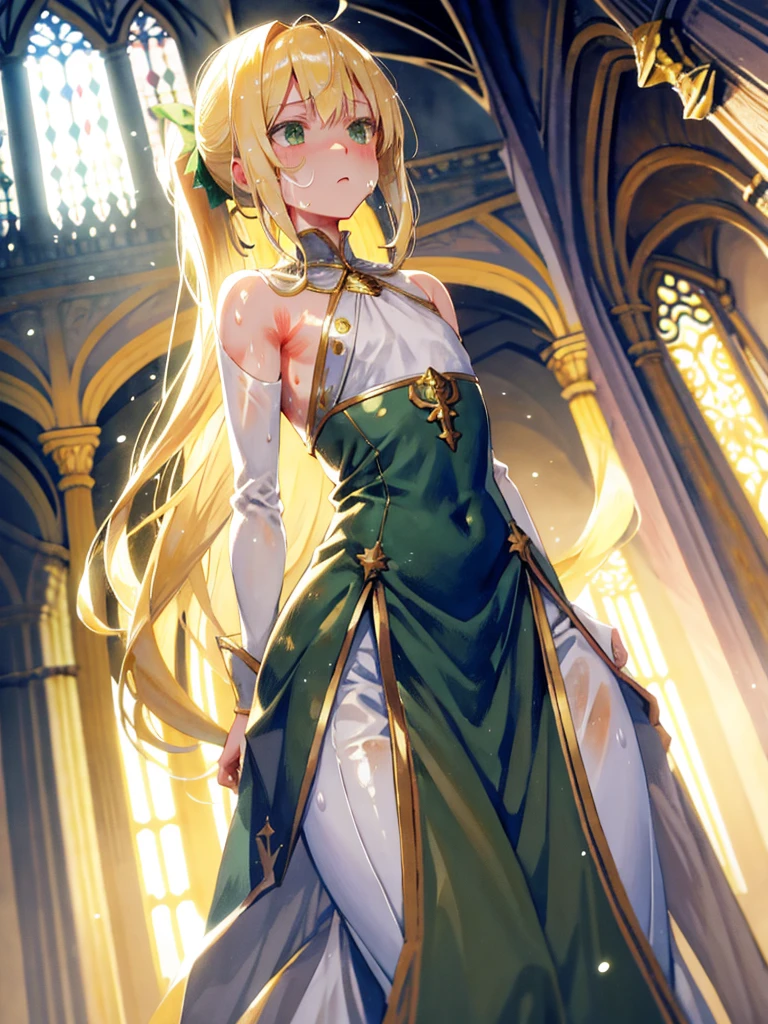 Flat chest, loli, full body, light rays, blonde hair, green eyes, low ponytail, parted bangs, (sweaty skin:1.2), church, light particles, illustration, regal clothes, absurd detail, HDR, huge ass, wide hips, long hair 