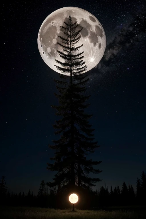 forest at night, Moon in the sky, uma nave espacial no lado da Moon in the sky,a woman in the forest