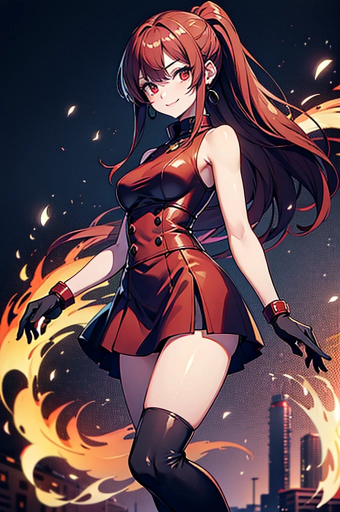 20 years old girl, long red hair, wears a ponytail, red eyes, always smiling. She dresses in an antique style, wearing a short brown skirt with black shorts underneath, ending above the knees. She wears knee-high brown boots. Her white blouse is sleeveless and features red details. She possesses fire powers and has a fire-themed background." 