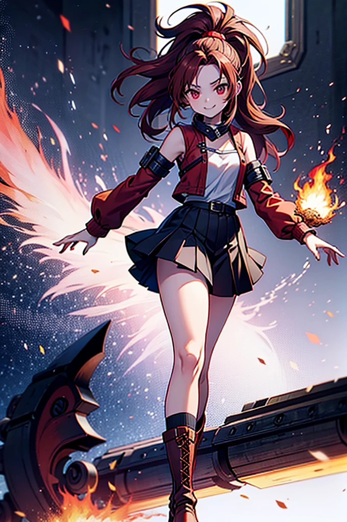 20 years old girl, long red hair, wears a ponytail, red eyes, always smiling. She dresses in an antique style, wearing a short brown skirt with black shorts underneath, ending above the knees. She wears knee-high brown boots. Her white blouse is sleeveless and features red details. She possesses fire powers and has a fire-themed background."