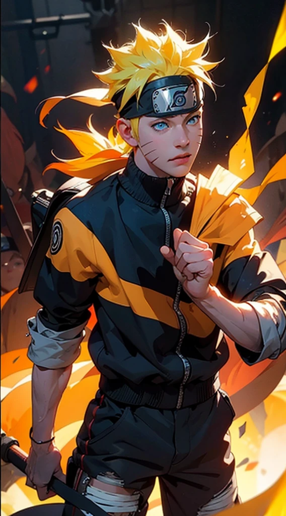 full body of naruto uzumaki,masterpiece, best quality, full detailed, 1boy, handsome,male,looking at viewer, naruto, Detailed blue eye,yellow hair,konoha realistic detail leaf headband,eye realistic,nose realistic,mouth realistic,skin realistic,face realistic,head realistic,body realistic, background art cinematic,backpack,big eye sharp, photorealistic, photoshoot, only three line in face