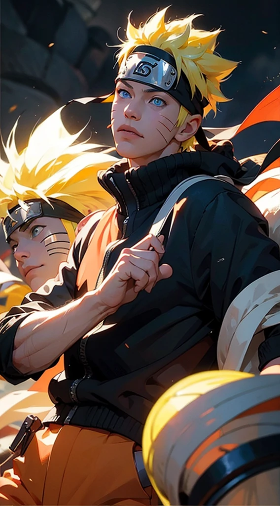 full body of naruto uzumaki,masterpiece, best quality, full detailed, 1boy, handsome,male,looking at viewer, naruto, Detailed blue eye,yellow hair,konoha realistic detail leaf headband,eye realistic,nose realistic,mouth realistic,skin realistic,face realistic,head realistic,body realistic, background art cinematic,backpack,big eye sharp, photorealistic, photoshoot, only three line in face