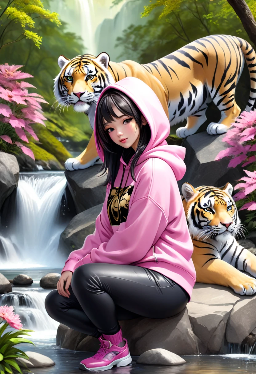 3D realistic image of a beautiful woman wearing a pink and black hoodie with a stylish gold and black image on it, sitting on a rock surrounded by a stream, beside the white and black thunder tiger that she was hugging sweetly, in the garden forest flowers with a waterfall in the background.